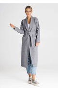 Cardigan long élégant pour femme en polyester et viscose, coupe droite, ceinture à nouer, poches latérales, couleur gris neutre