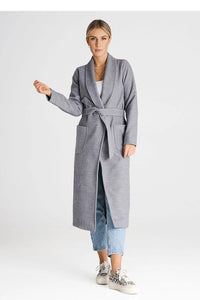 Cardigan long élégant pour femme en polyester et viscose, coupe droite, ceinture à nouer, poches latérales, couleur gris neutre