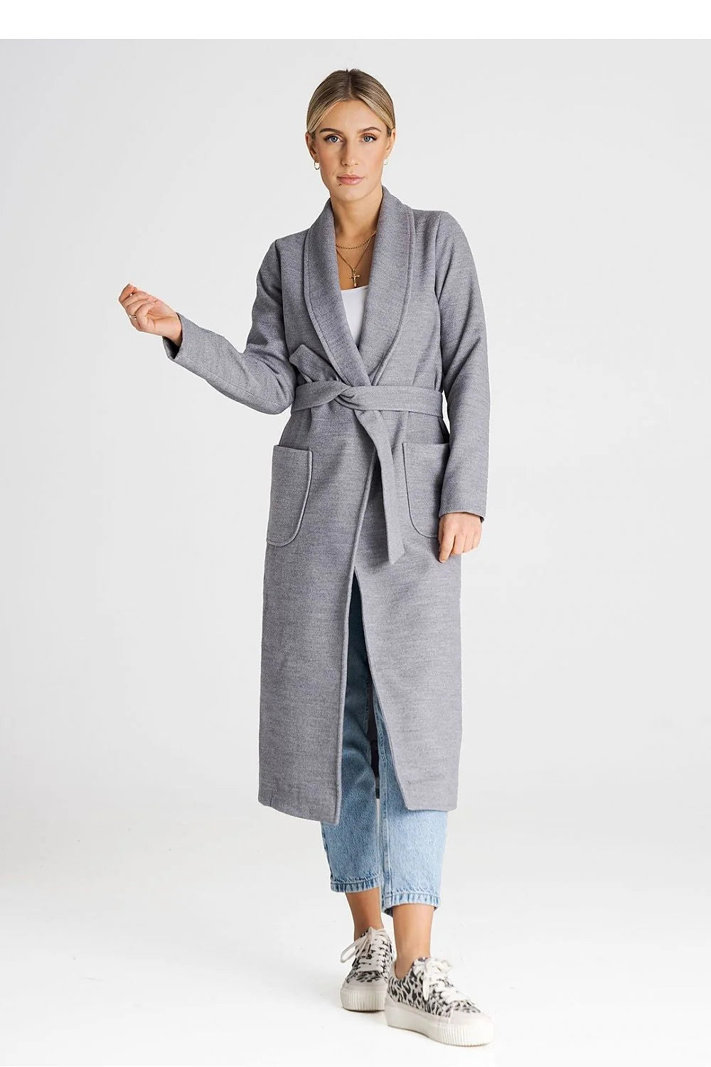Cardigan long élégant pour femme en polyester et viscose, coupe droite, ceinture à nouer, poches latérales, couleur gris neutre