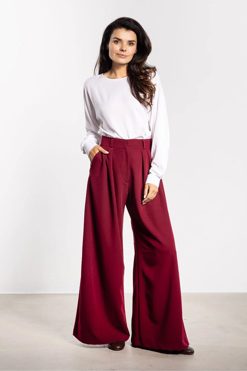 pantalon femme palazzo bordeaux taille haute plis jambe extra large longueur sol tombé fluide structuré ceinture poches latérales silhouette flatteuse
