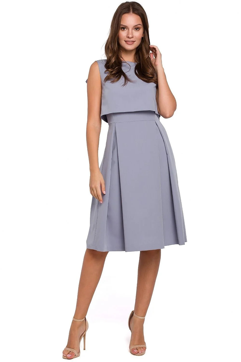 robe soirée Makover noire midi sans manches dos nu col bateau taille haute jupe évasée plissée crêpe élégante femme