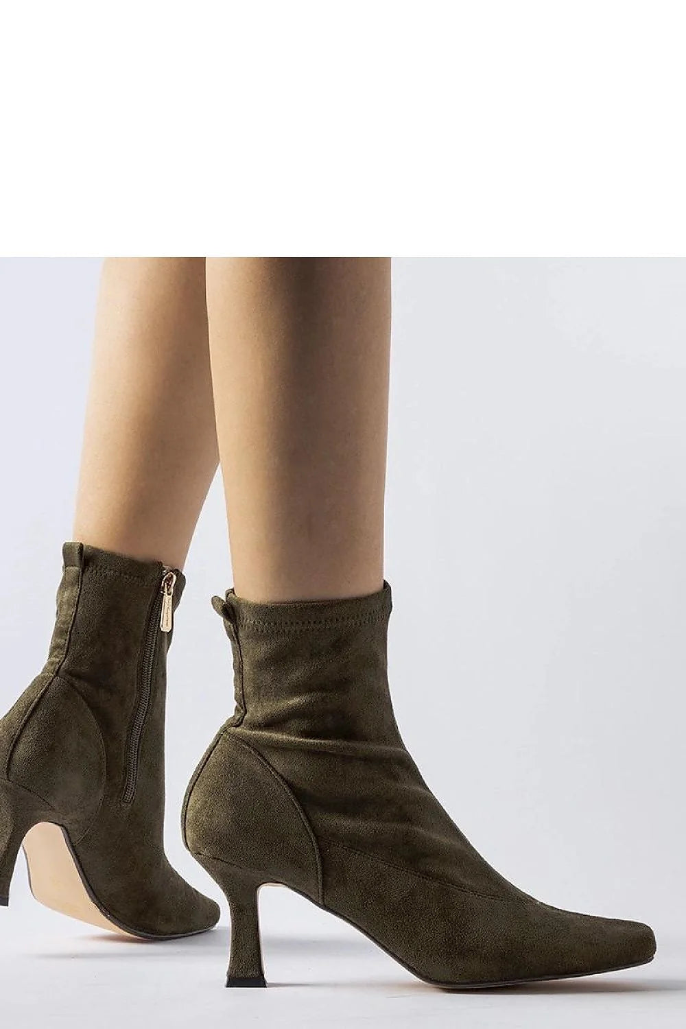 Bottines pour femmes en suède couleur kaki design élégant moderne talon incurvé fermure éclair dorée coupe ajustée cheville