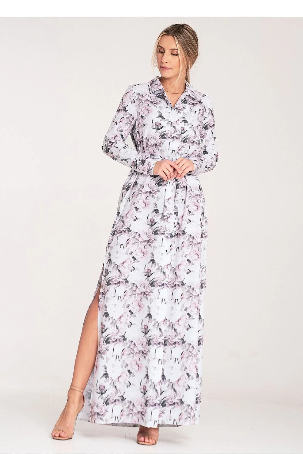 robe longue fluide chemise imprimé floral rose poudré blanc gris col chemisier manches longues ceinture nouée fente latérale élégante féminine