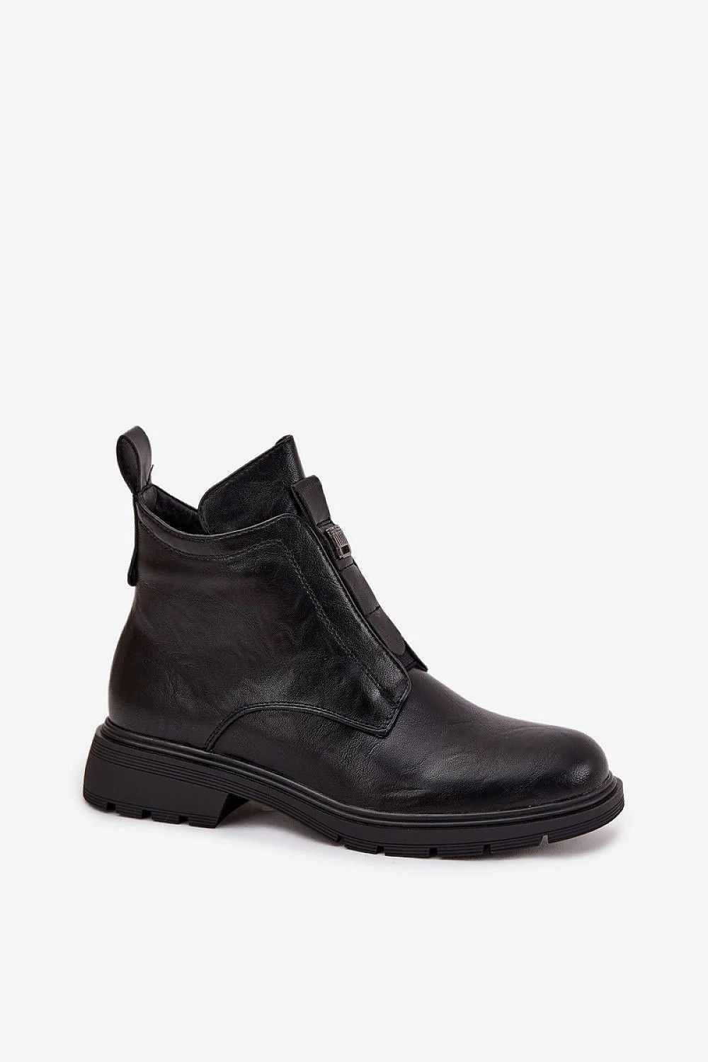 bottines femme Jezzi cuir écologique noir cheville talon bas plat semelle crantée antidérapante fermeture éclair centrale doublure chaude confortable élégant