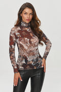Chemisier Makadamia floral femme élégant style audacieux col roulé manches longues coupe ajustée matériau transparent