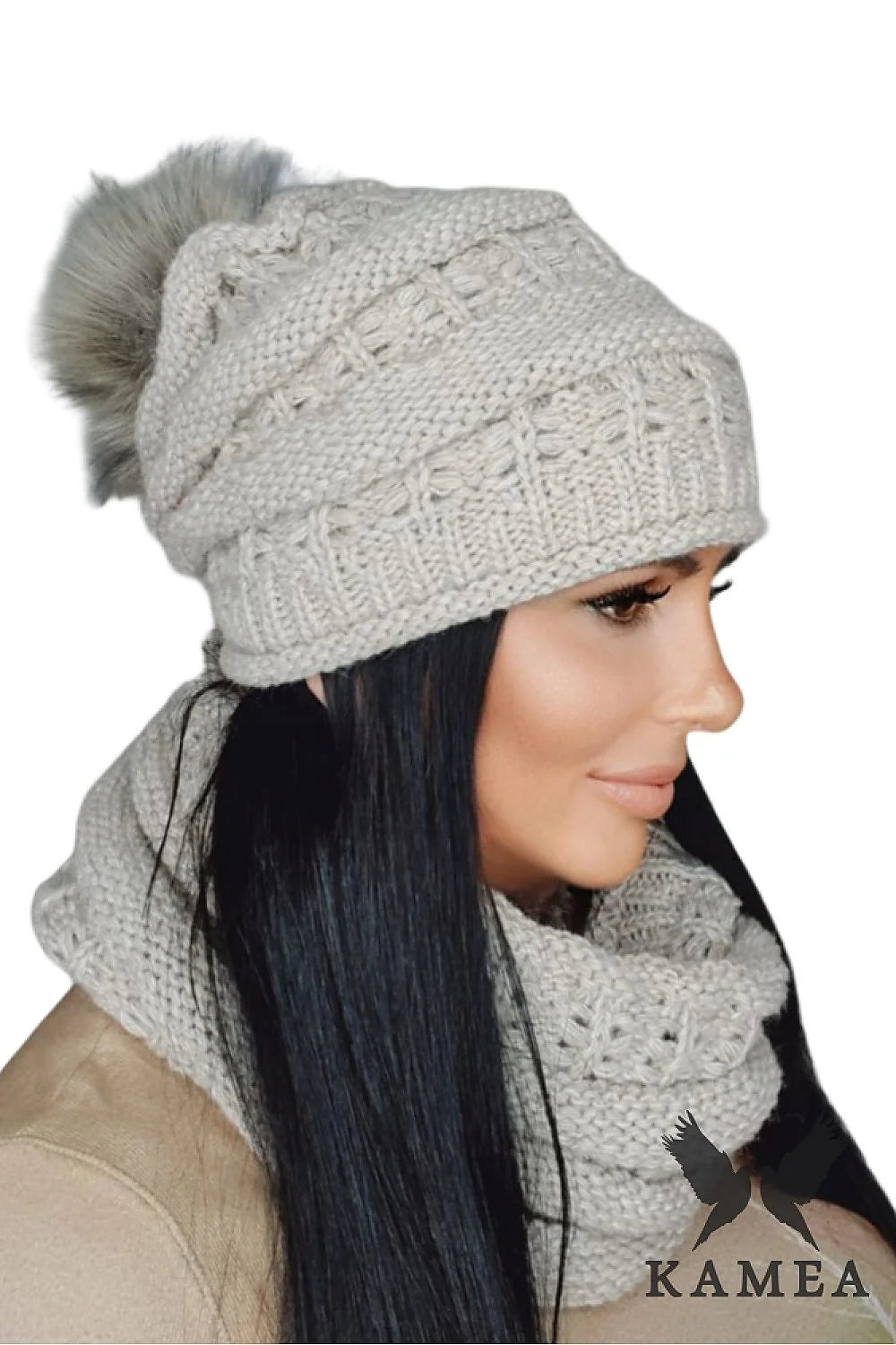 Bonnet et écharpe tricot KAMEA hiver femme design torsades points riz couleur gris clair matières douces