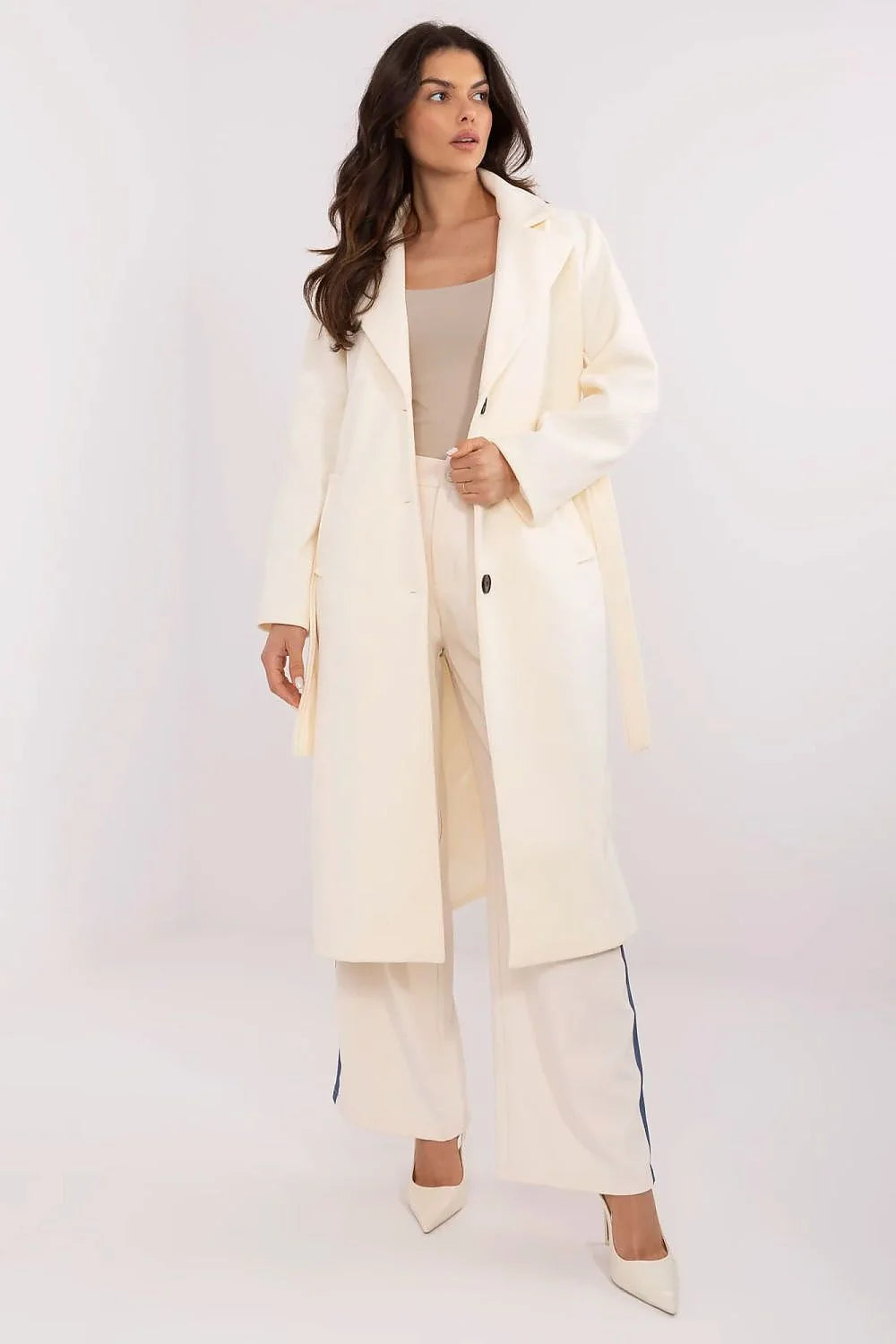 Manteau élégant pour femme longueur genoux rayures fines en polyester élasthanne fermeture boutons manches longues