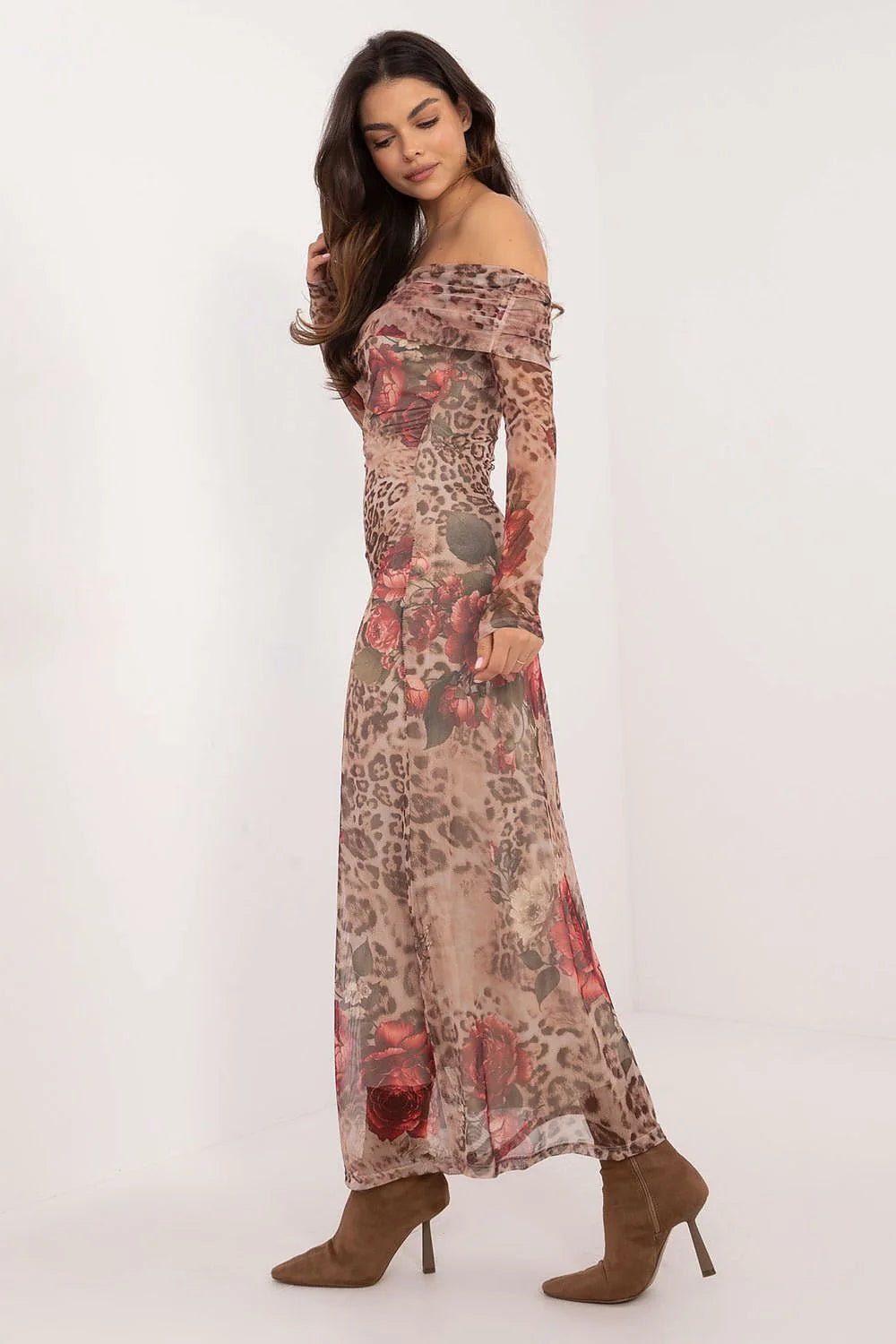 Robe de soirée élégante longue style off-the-shoulder imprimé léopard fleurs rouges et roses manches longues ourlet long taille ajustable polyester stretch femme