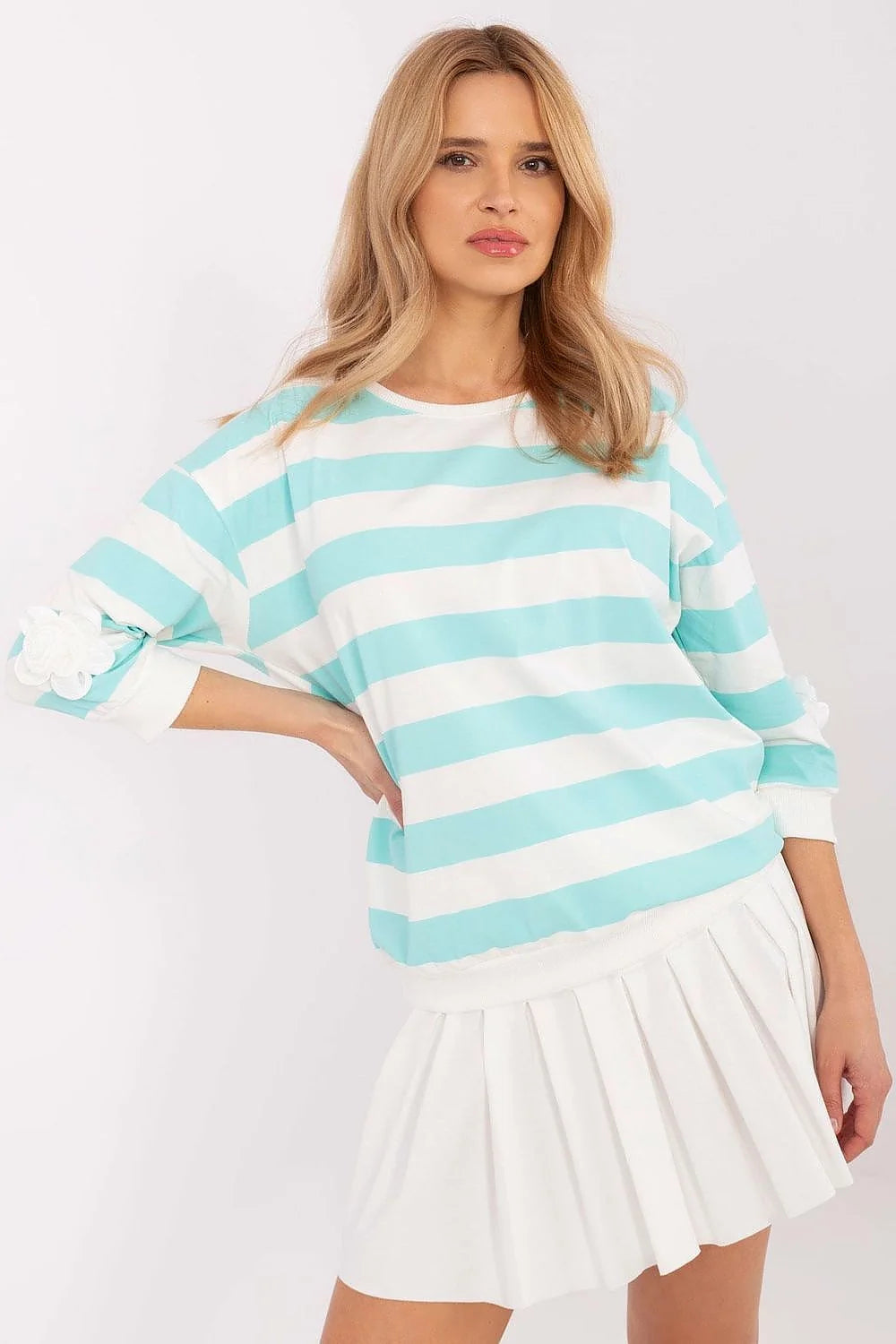 Chemisier Relevance Femme Rayures Turquoise et Blanche Coton Élasthanne Manches 3/4 Fleur Décoratives Casual Élégant Vêtement Polyvalent