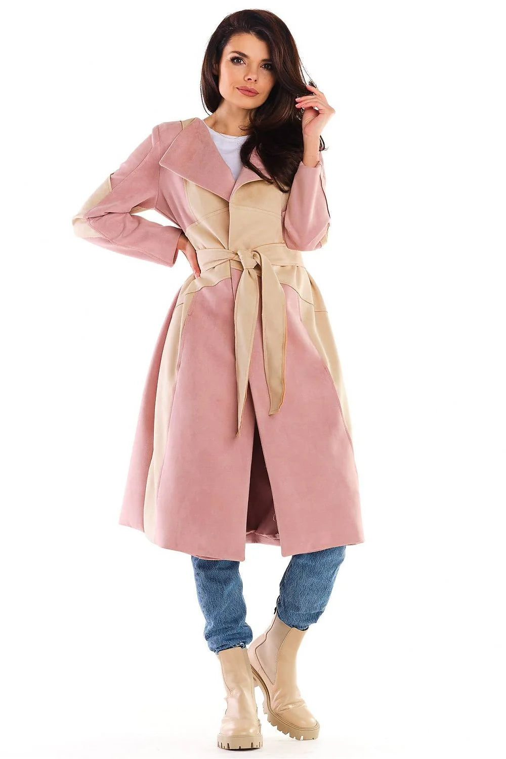 Manteau femme mi-long imitation daim élégant ceinture ajustable kaki beige style moderne automne