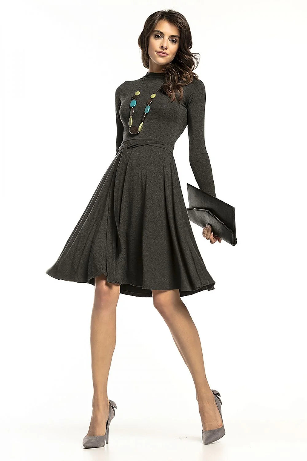 robe viscose tricot stretch gris anthracite mi longue manches longues col rond taille cintrée jupe évasée longueur genou ceinture nouée