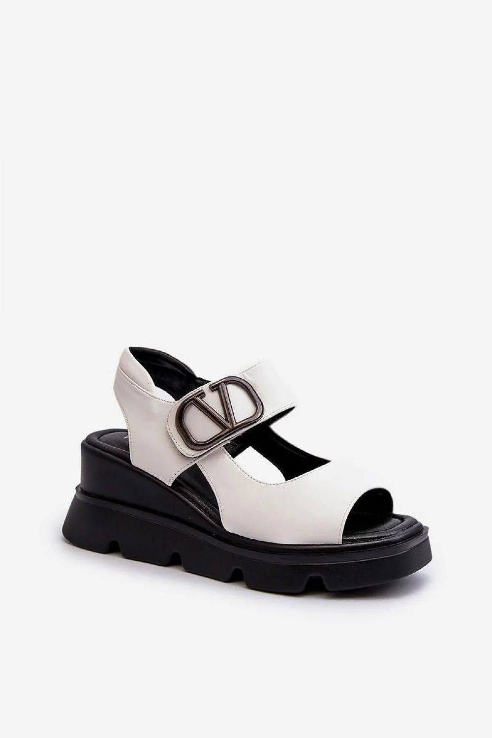 sandales Vinceza femme élégantes similicuir blanc cassé semelle crantée noire plateforme3cm talon7cm ouvertes bride cheville boucle métallique urbaine