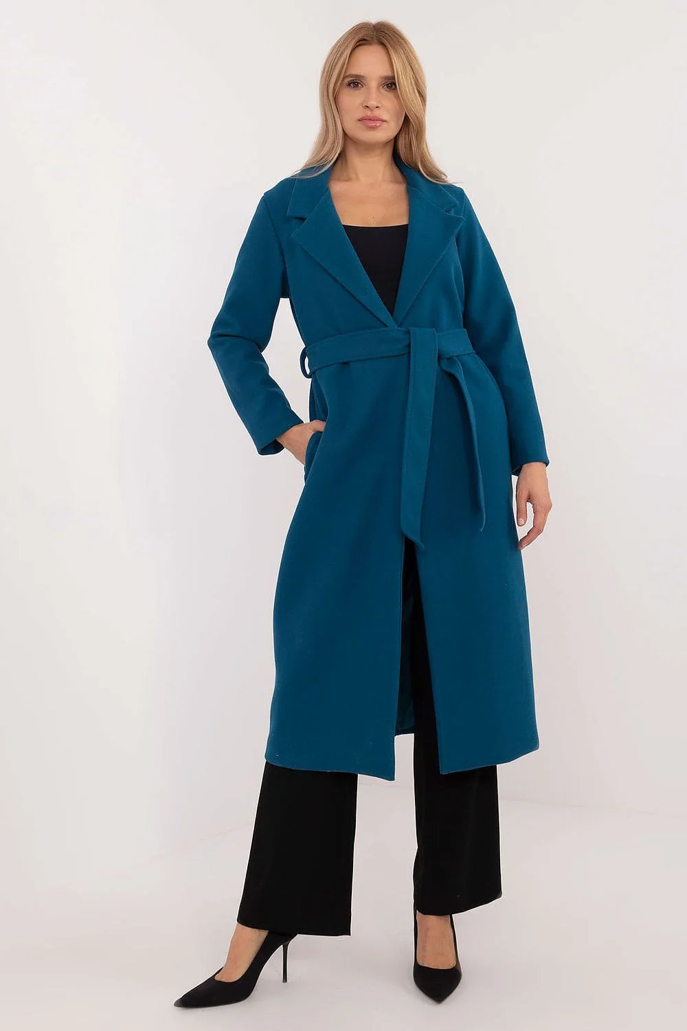 Manteau pour femme élégant long bleu canard design minimaliste col large ceinture ajustable manches longues poches latérales automne printemps