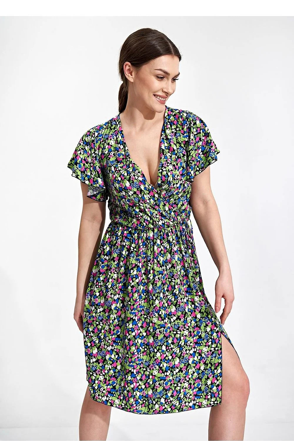 Robe d'été à motifs floraux colorés en viscose, manches courtes en volants, taille élastique, occasion jour/fête, femme S/M-L/XL