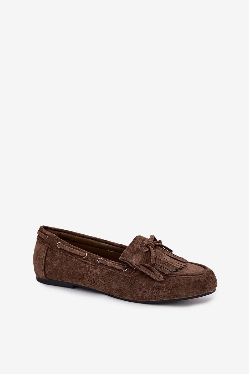 mocassins femme daim marron chocolat bout rond semelle fine franges kiltie noeud décoratif coutures apparentes slipon caoutchouc antidérapante casual chic