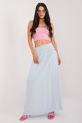jupe longue maxi viscose doublée bleu pastel taille haute ceinture large évasée fluide drapé léger stretch polyvalente