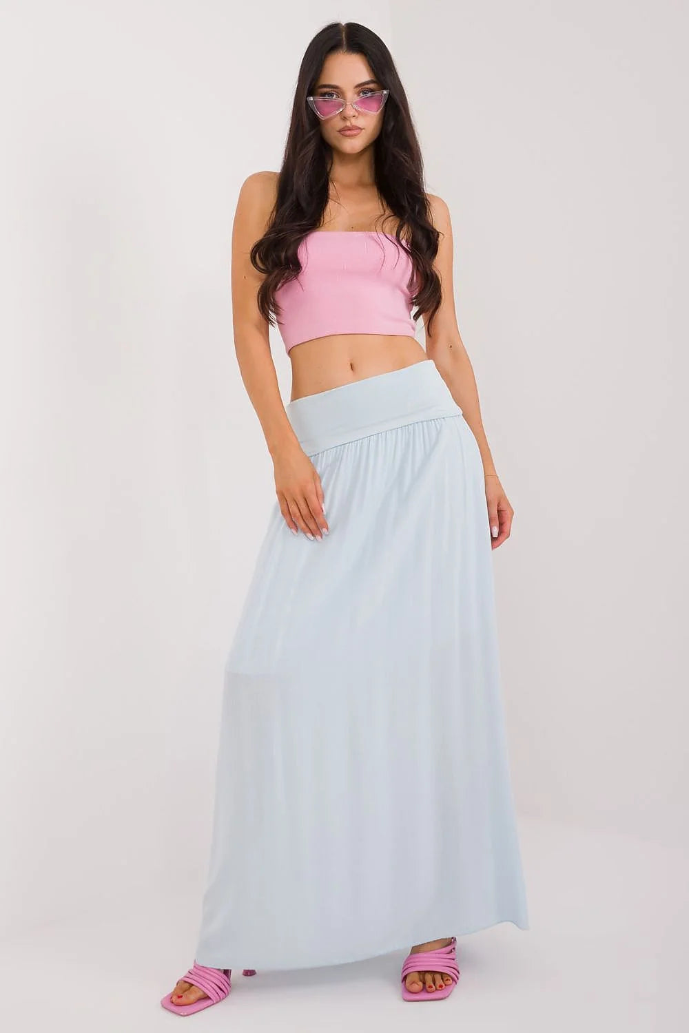 jupe longue maxi viscose doublée bleu pastel taille haute ceinture large évasée fluide drapé léger stretch polyvalente