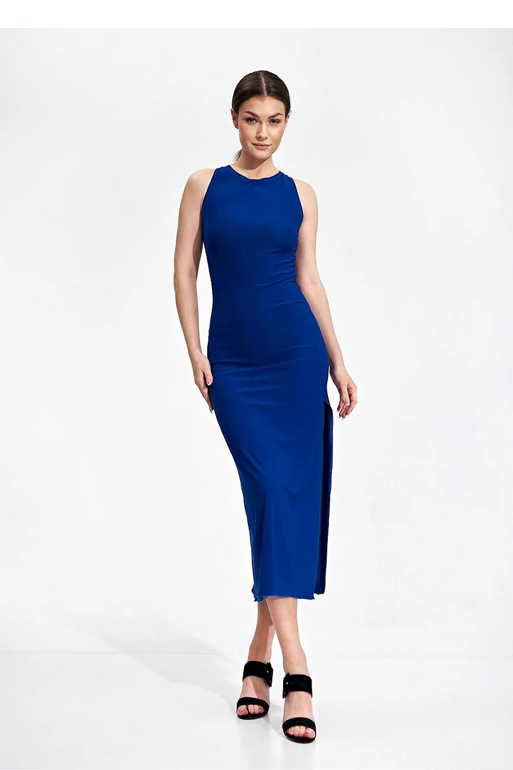 Robe de jour élégante pour femme en tissu stretch ajustée couleur bleu cobalt encolure profonde dos noué fente latérale sans manches