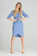 robe midi femme bleu ciel manches trois quarts col rond taille élastique jupe portefeuille asymétrique coupe blousante cintrée