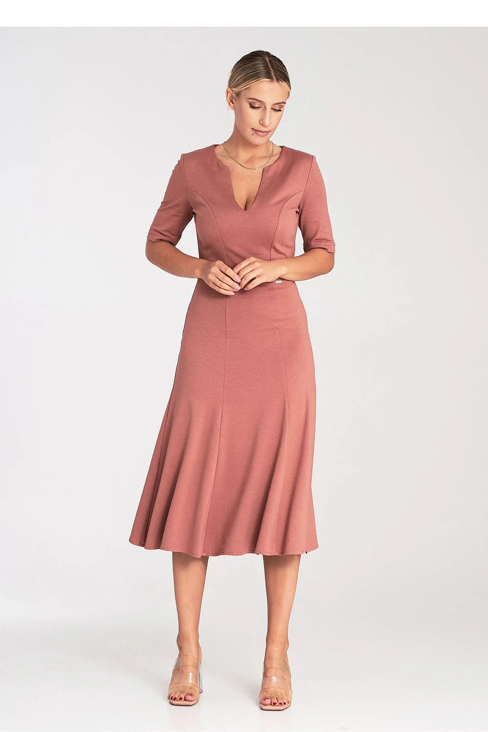 robe midi femme aline cintrée évasée manches troisquarts decoupeV fermeture laterale zip maille stretch viscose polyester elasthanne vieux rose poudré