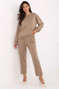 ensemble loungewear féminin sweat oversize pantalon droit taille haute ceinture nouée molleton taupe micropois strass poches latérales encolure ronde confortable