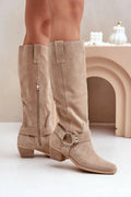 Bottes pour femmes en daim naturel style western talon épais 5cm fermeture éclair design moderne automne hiver
