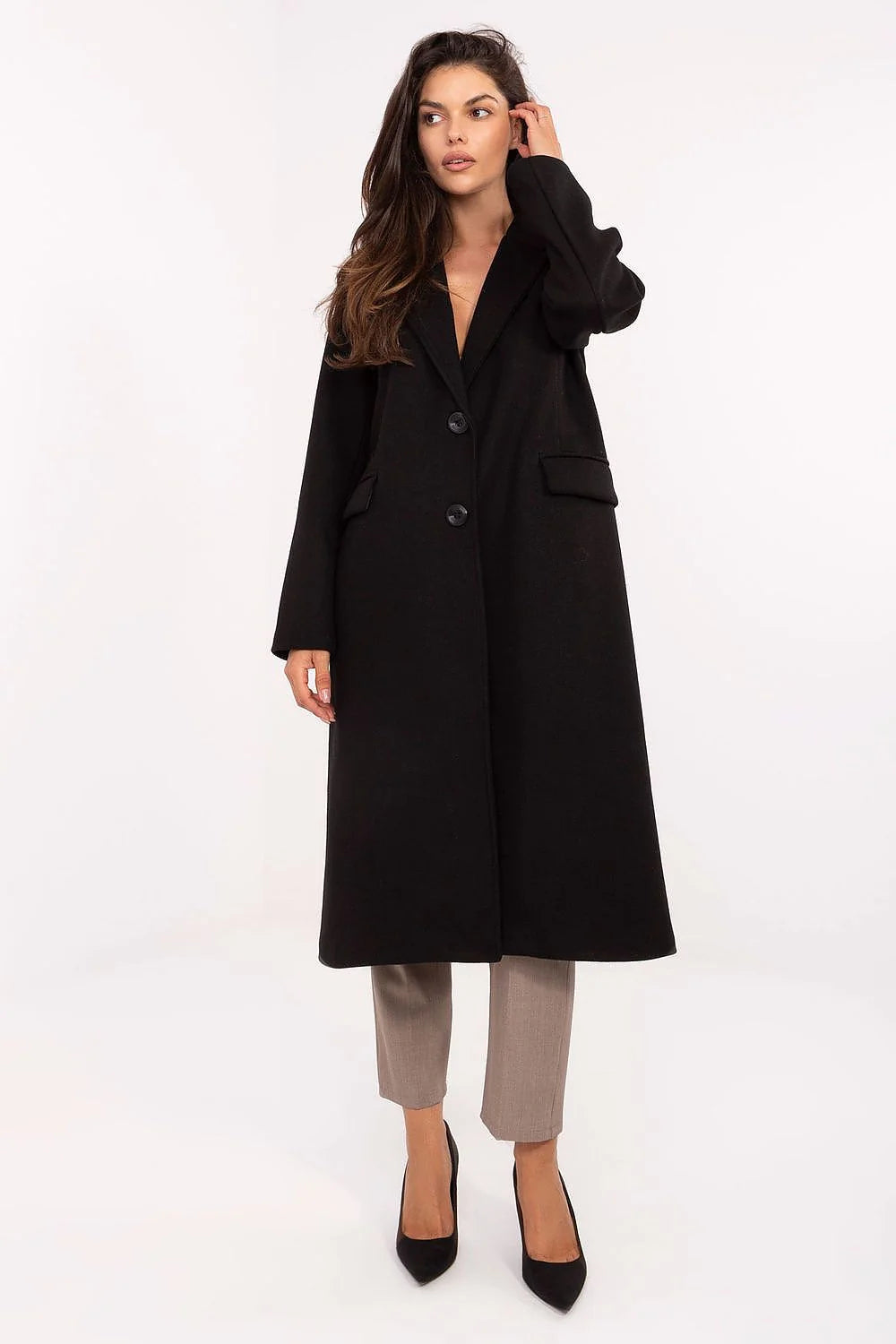 manteau long femme coupe droite oversize noir col tailleur revers deux boutons poches rabat doublé léger polyvalent automne hiver élégant