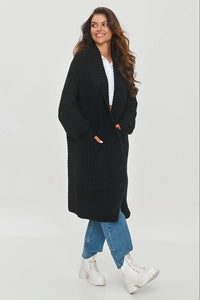 cardigan long oversize confortable élégant doux cosy noir femme maille épaisse côtelée col châle manches larges poches plaquées longueur midi