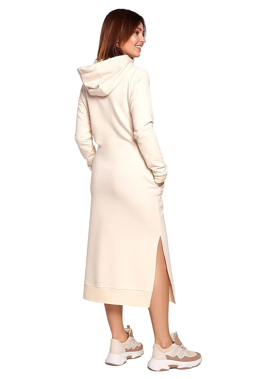 Robe sweat coton décontractée beige confortable capuche poches longues moderne femme activités quotidiennes