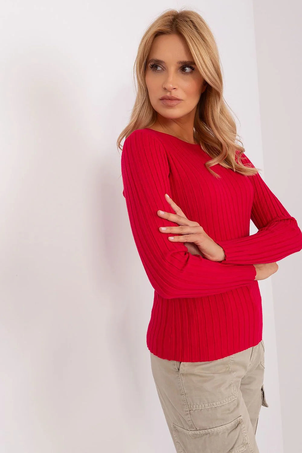 Chandail femme élégant manches longues en tricot mélange couleur rouge vif coupe ajustée encolure ronde