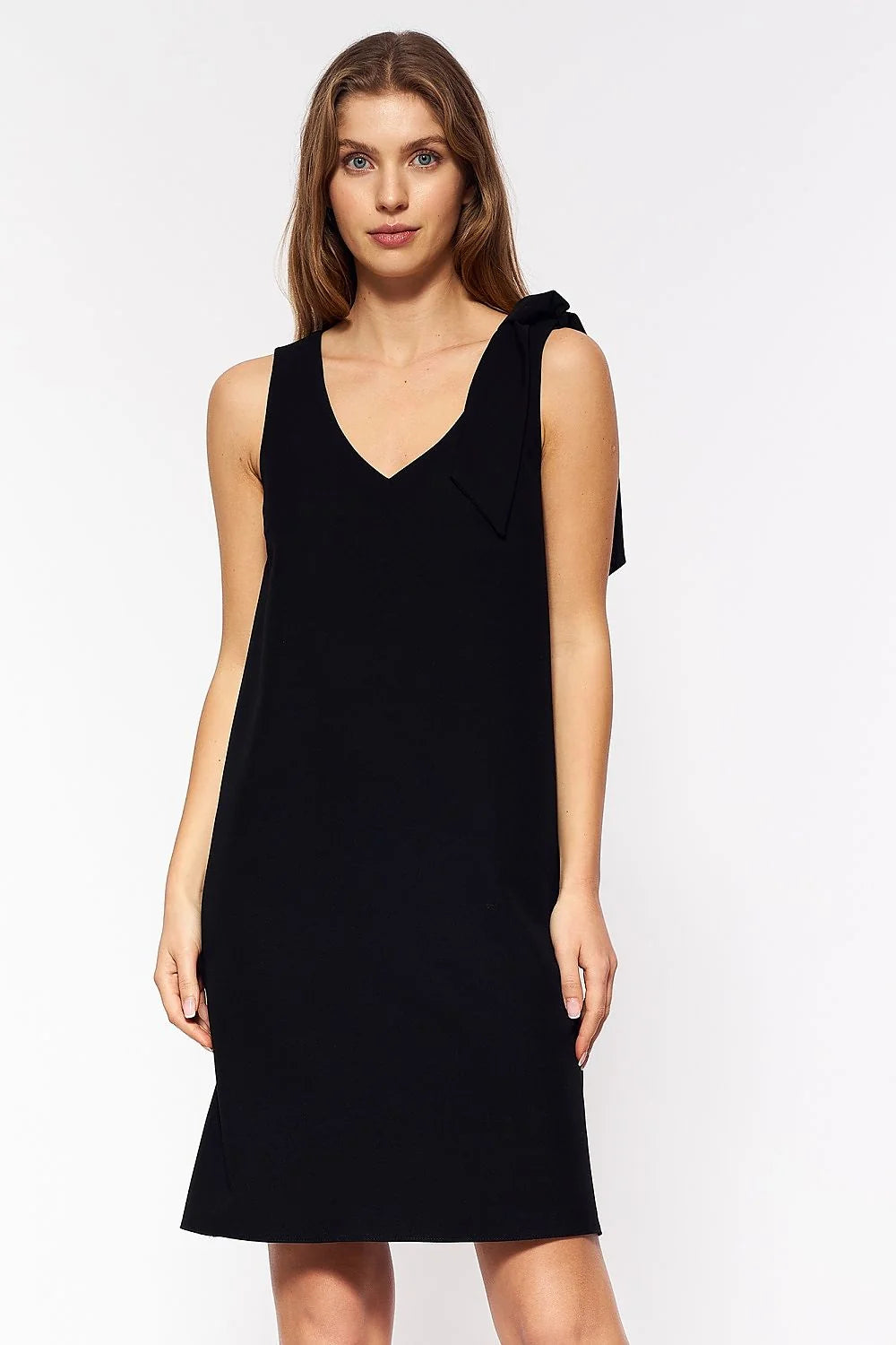 Robe de cocktail élégante bleu vif sans manches décolleté en V noeud décoratif taille ajustable femmes