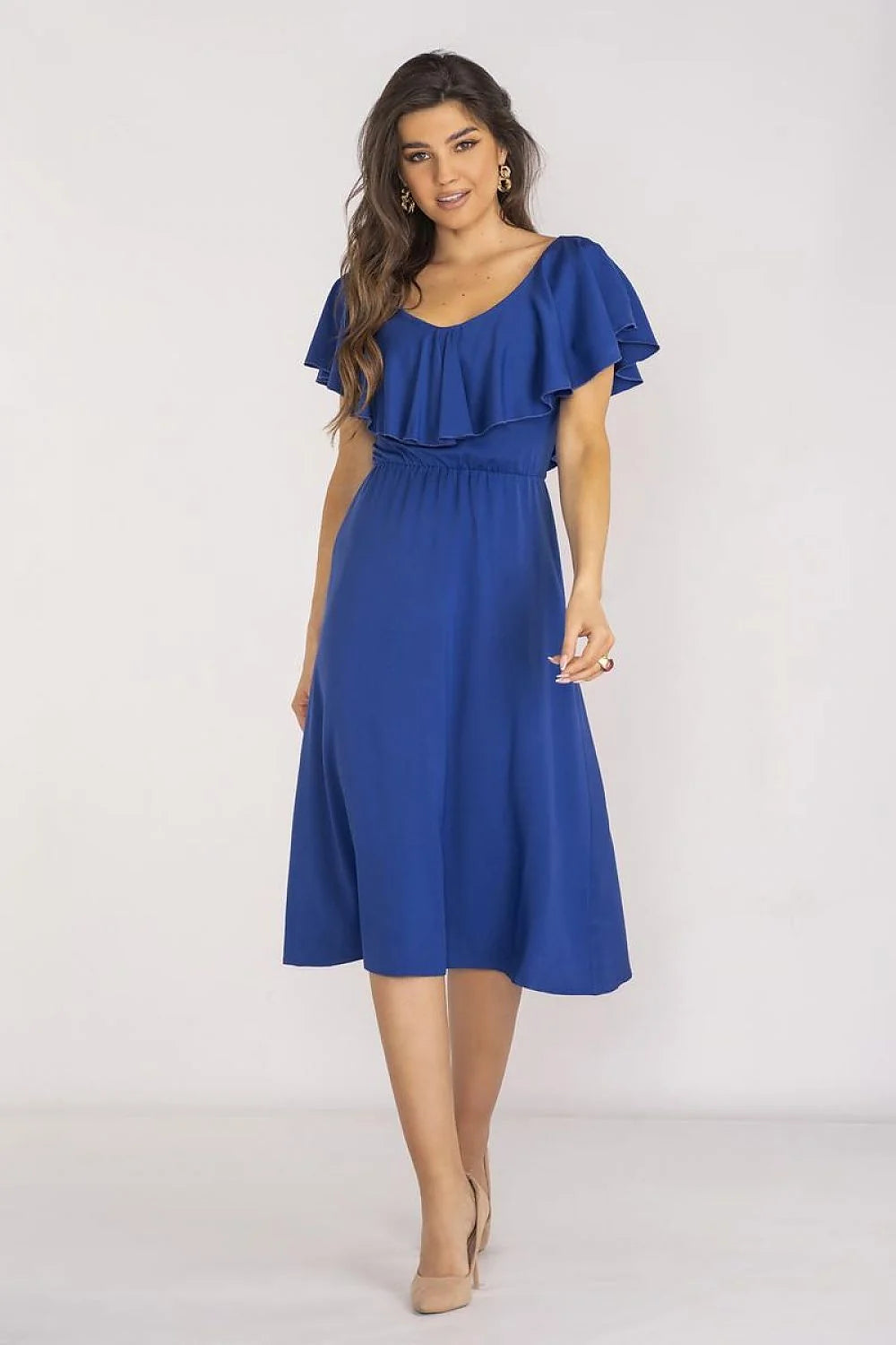 Robe élégante pour femme en viscose 97% avec encolure ronde manches courtes taille élastique style casual