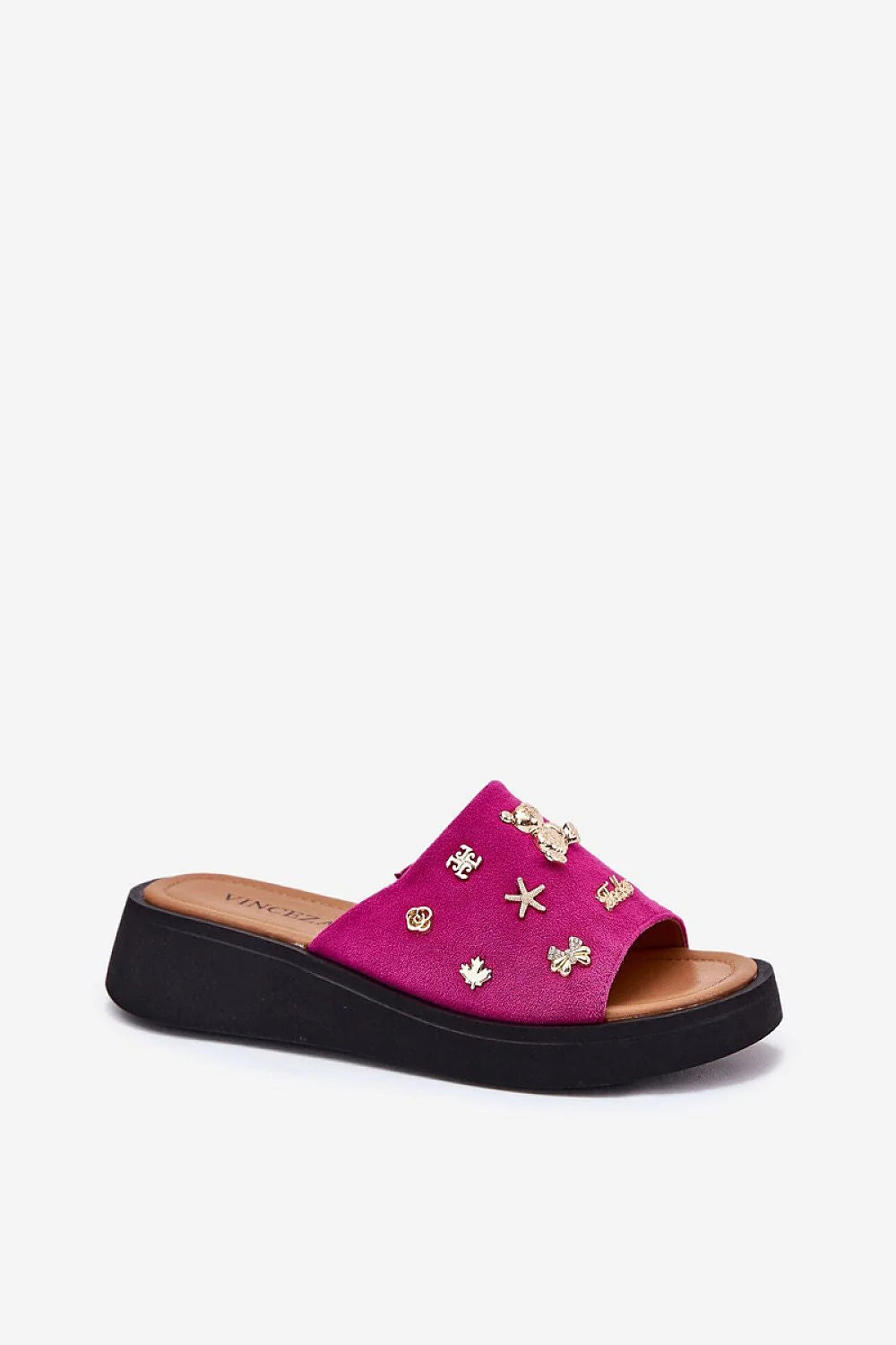 sandales femme Vinceza mules plateforme semelle noire empeigne velours fuchsia bout ouvert lit pied rembourré camel breloques dorées ourson étoiles