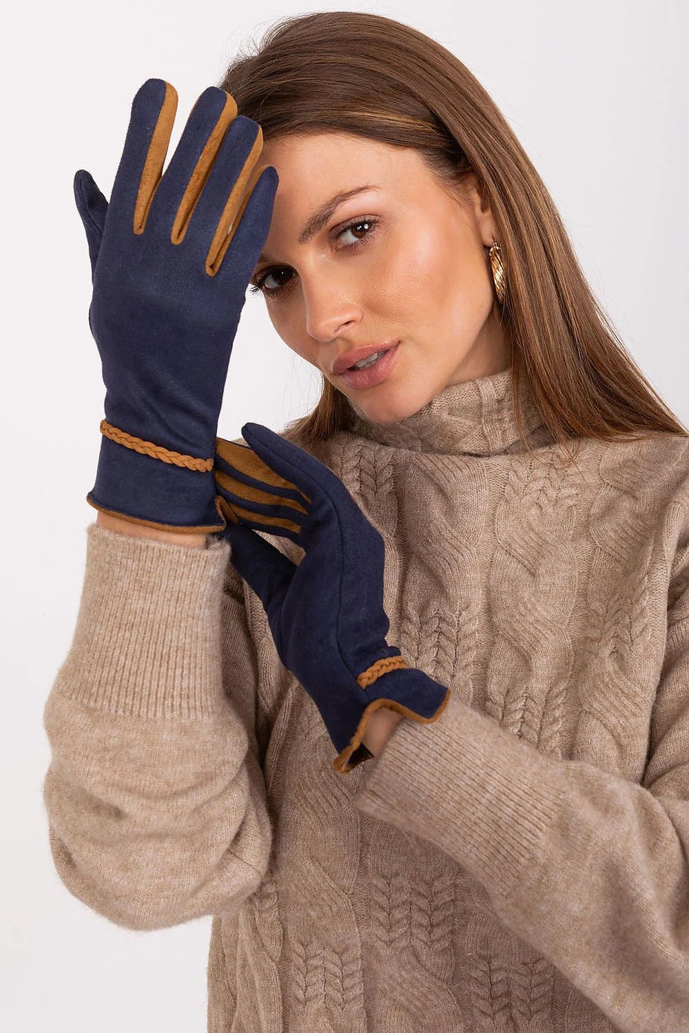 Gants en tissu lisse pour femme, bleu marine et camel, contrastes, broderies, polyester 90% spandex 10%, style élégant, pour automne hiver
