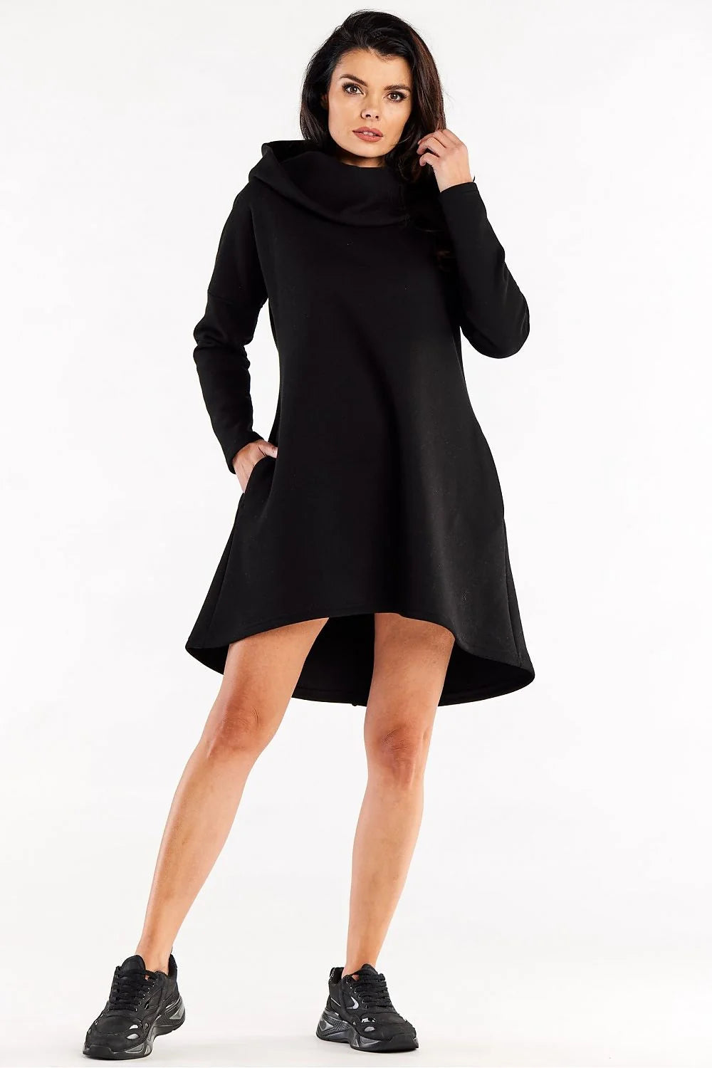 Robe de jour moderne Infinite You robe trapèze ample capuche manches longues coton élasthanne noir femme taille ajustable