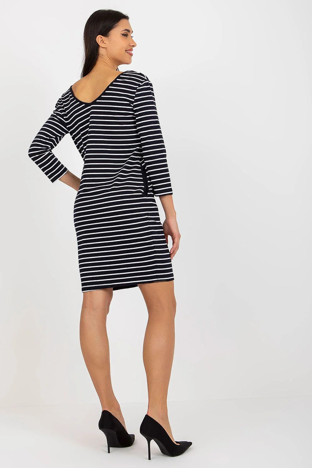 Robe de jour Och Bella en jersey rayures marine et blanc manches 3/4 encolure V fente latérale femmes