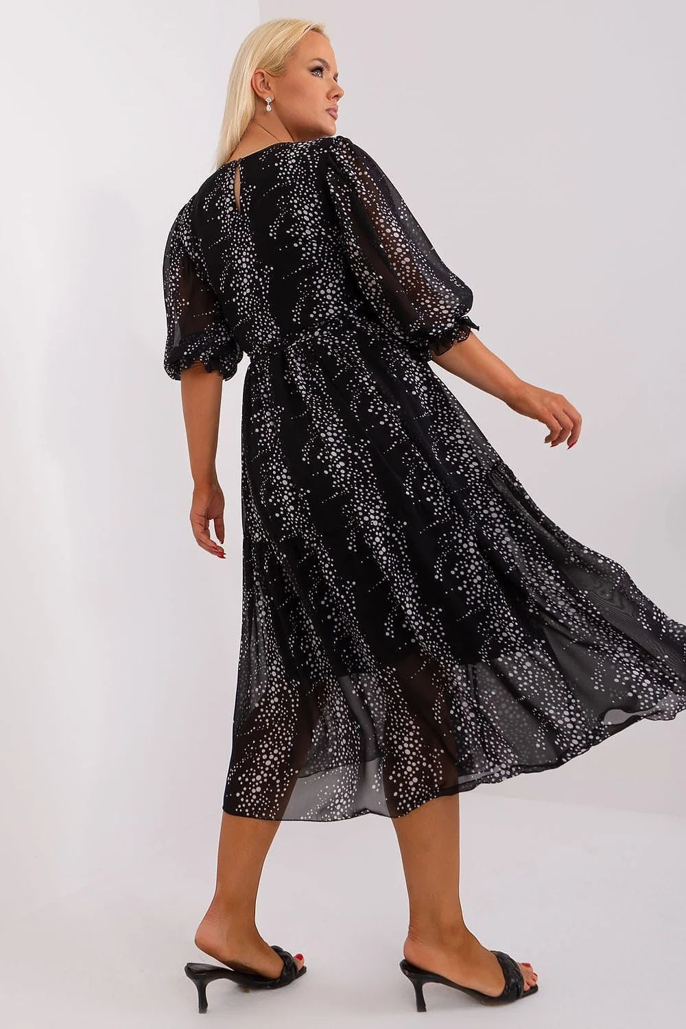 Robe longue fluide pour femme taille grande motif étoilé manches 3/4 encolure ronde tissu léger confortable