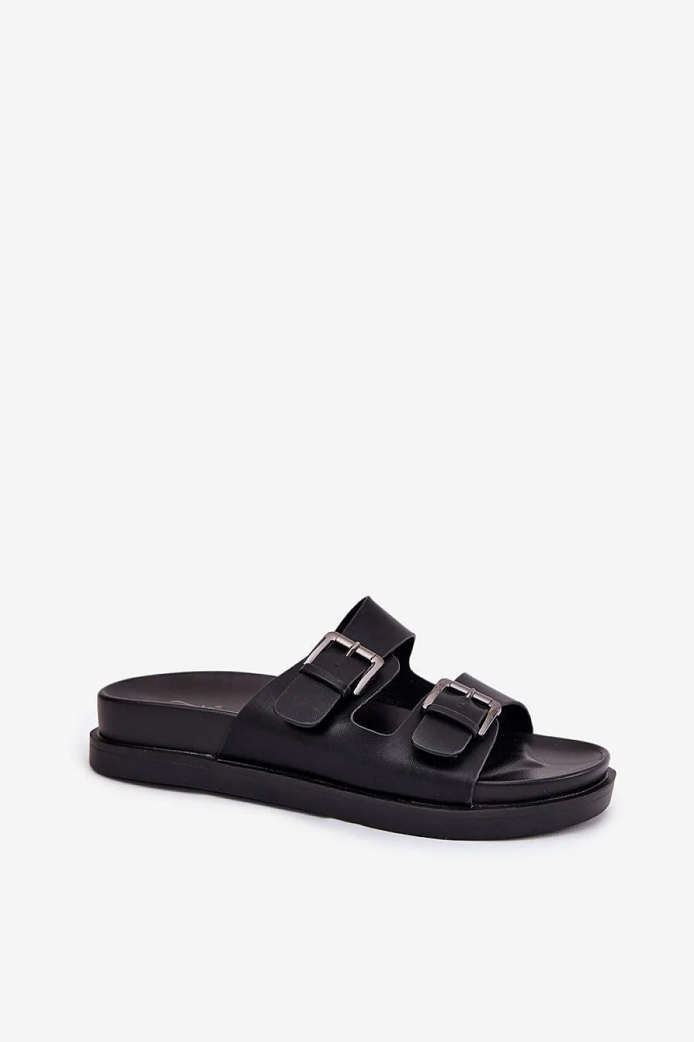 sandales femme cuir artificiel plateforme noire modernes chic ouvertes minimalistes deux brides réglables boucles métalliques argentées semelle compensée anatomique confort