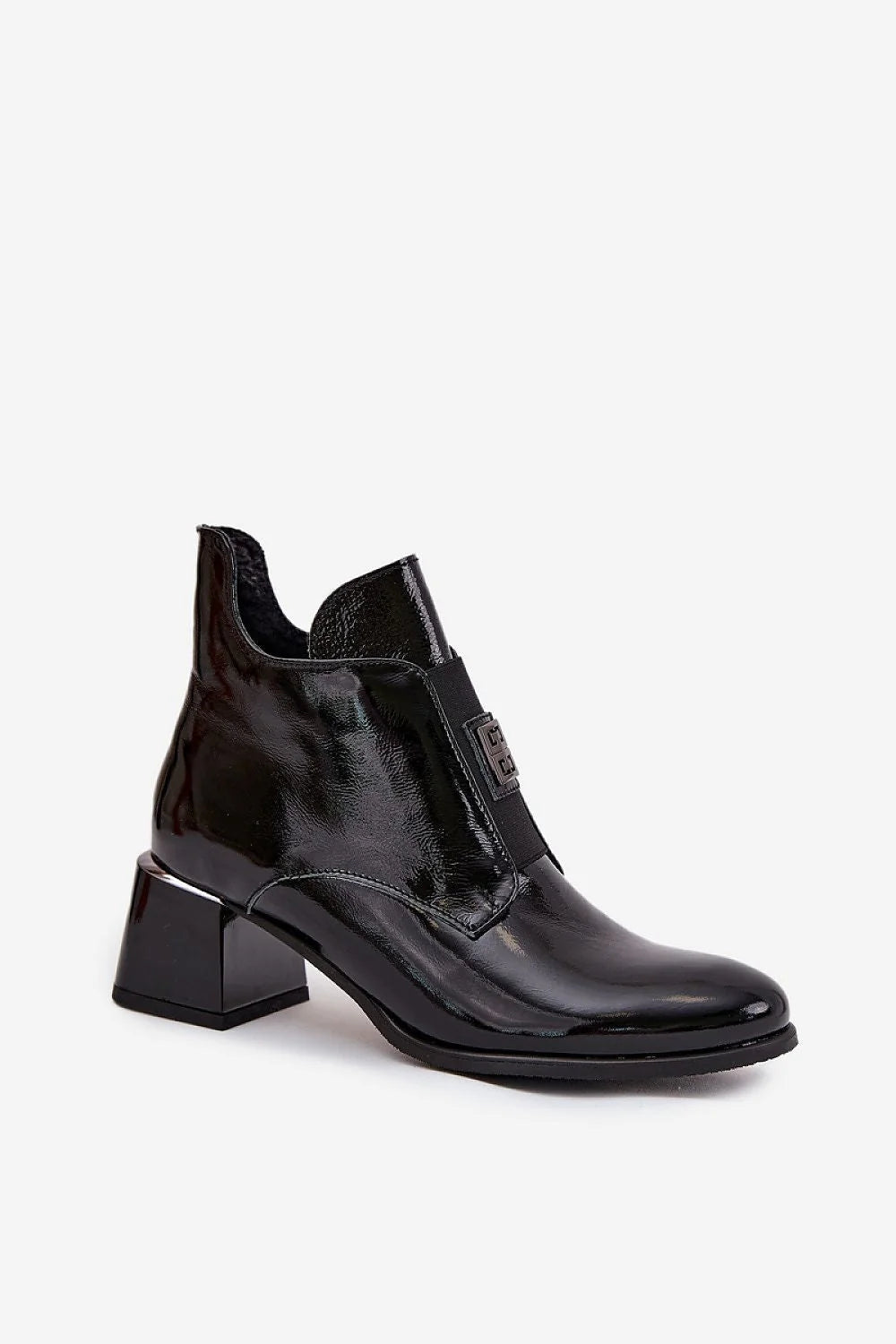 bottines cuir verni noir cheville bout pointu talon bloc sculpté finition brillante empiècements élastiques zip latéral doublure chaude confortable femme