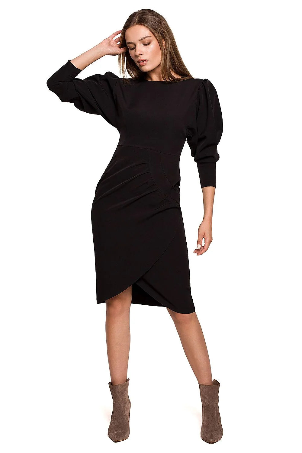 robe élégante terre cuite femme midi fourreau coupe ajustée taille marquée jupe portefeuille asymétrique tulipe manches mi longues