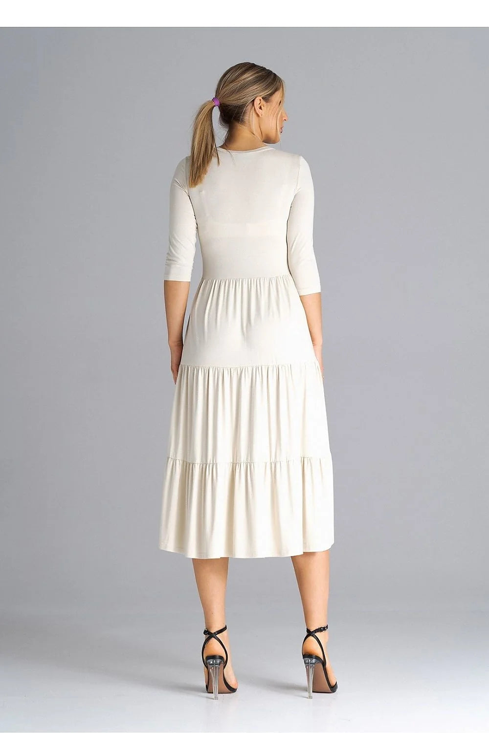 Robe de jour Figl midi manches 3/4 tissu doux ivoire ajustée taille volants subtils femme polyvalente