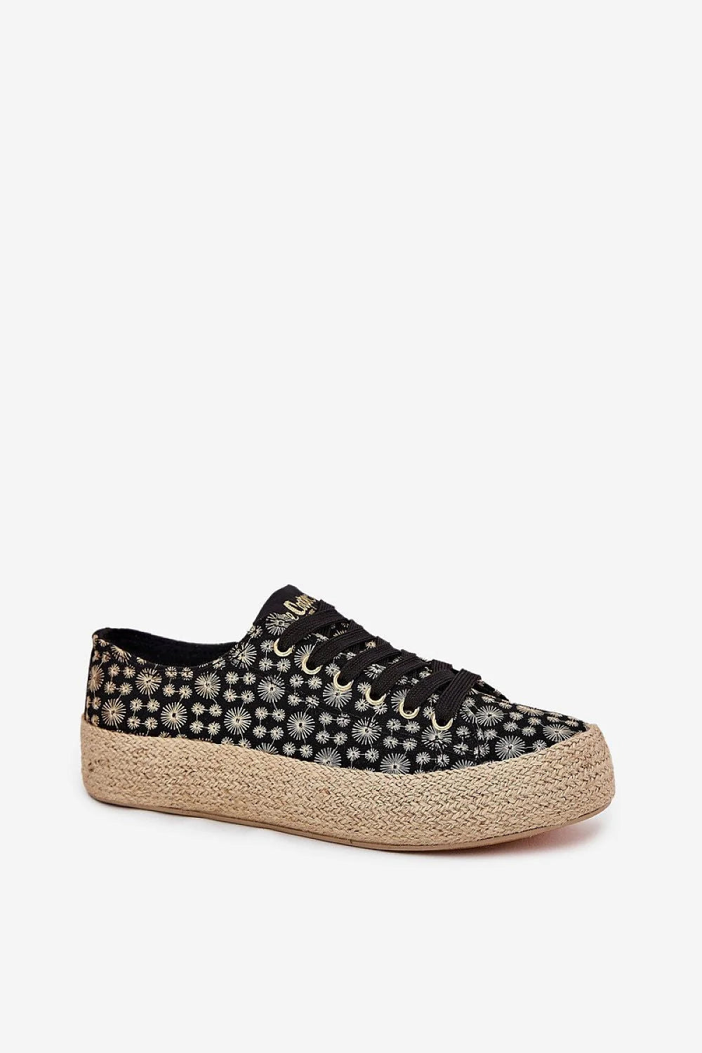 Baskets Step in style pour femmes baskets espadrille style bohème chic semelle tressée corde beige floral tissu noir doré lacets noirs
