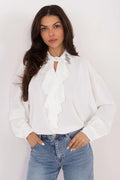 chemisier élégant féminin longue asymétrique dos allongé fluide polyester léger tactile manches bouffantes col large jabot subtil polyvalent chic festif