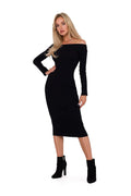 Robe de jour élégante longue manches longues en maille côtelée noire taille ajustable pour femme