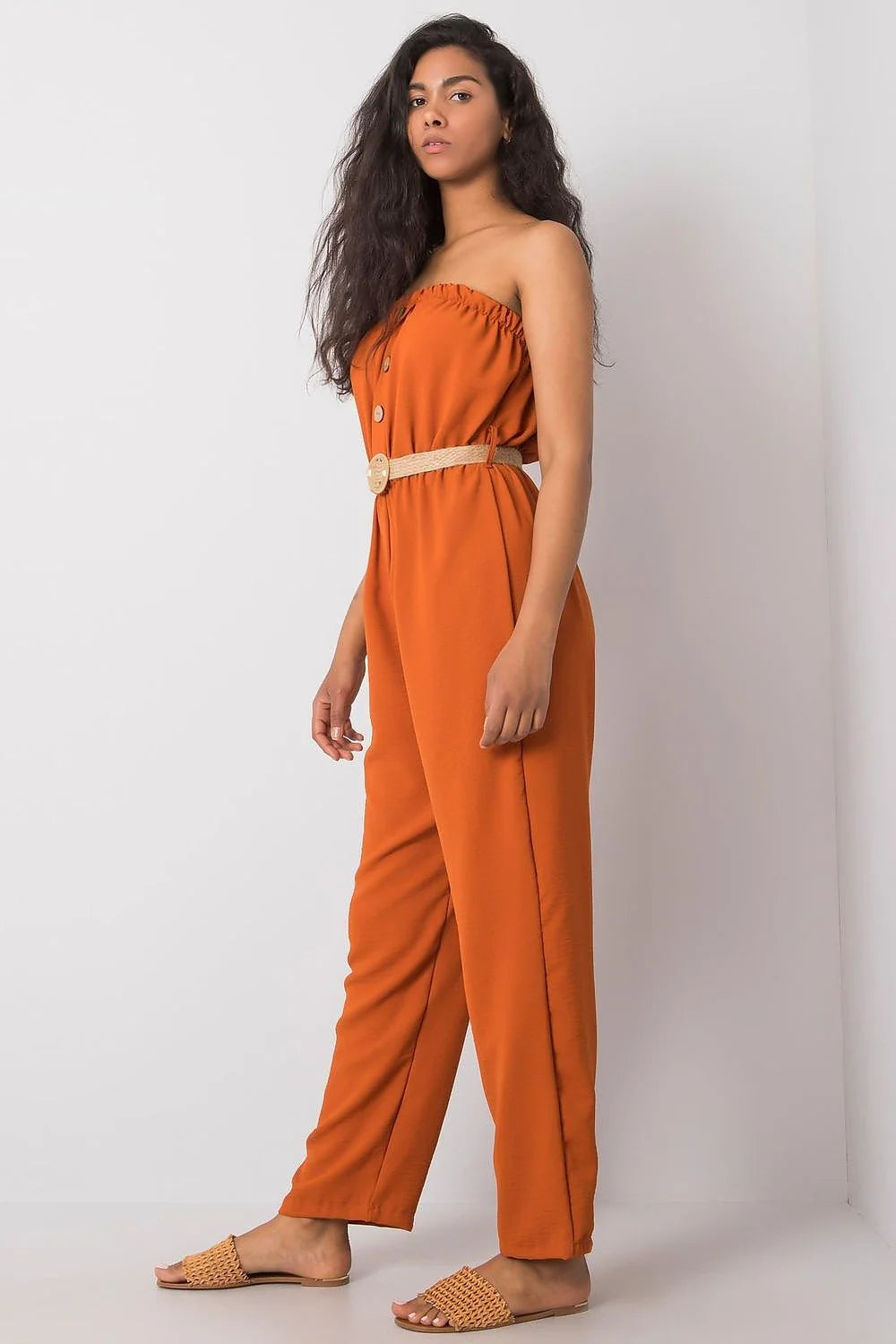 Combinaison Femme Élégante Sans Manches Orange Terre Cuite Coupe Large Décontractée