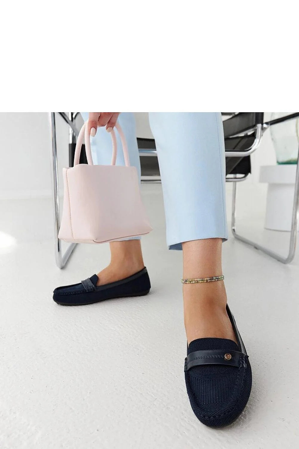 moccasins femme bleu marine maille textile liseré cuir synthétique penny bout arrondi coutures apparentes semelle caoutchouc antidérapante confortable
