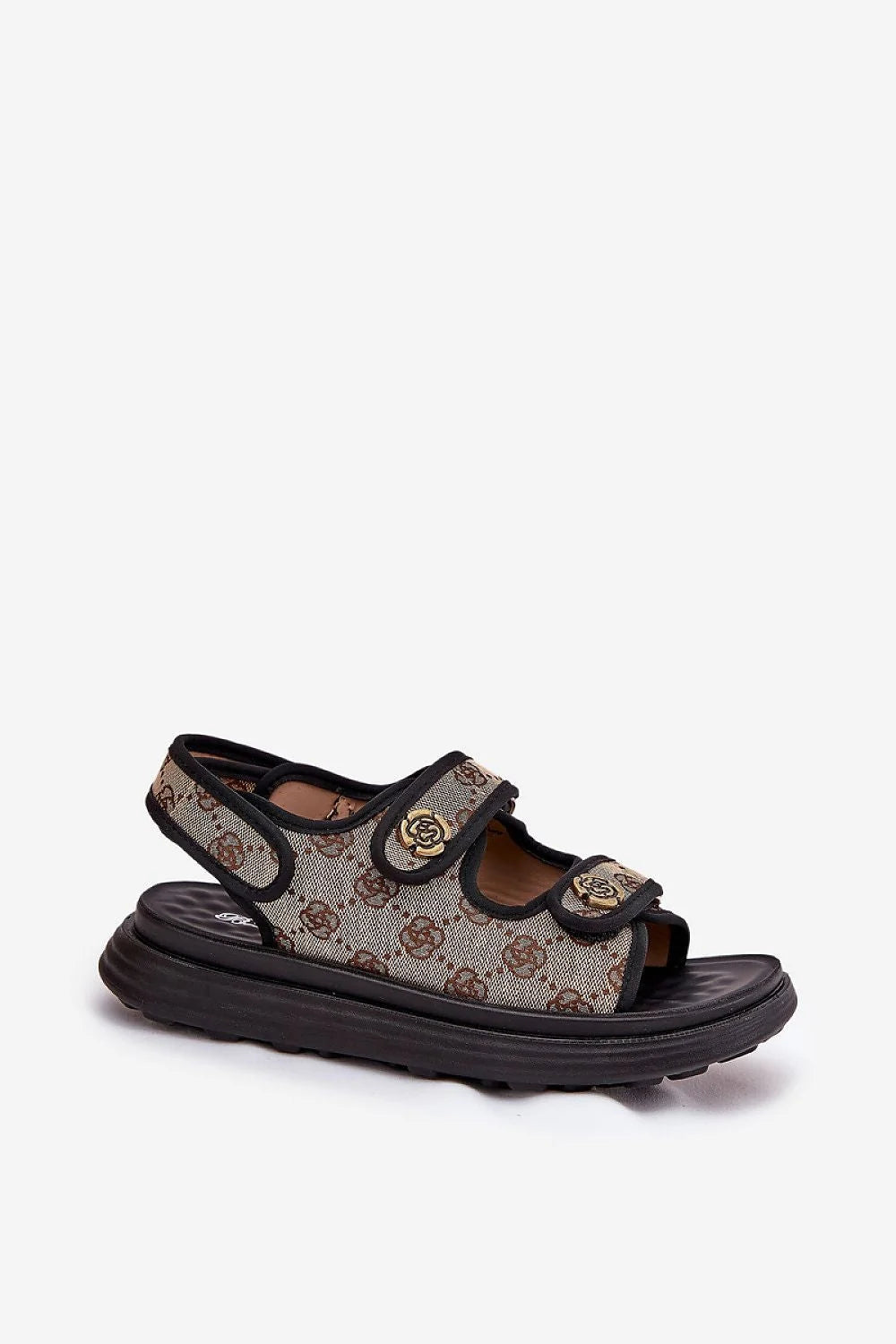 Sandales pour femmes élégance et confort mode moderne deux sangles motifs monogramme beige brun doré amorti excellent