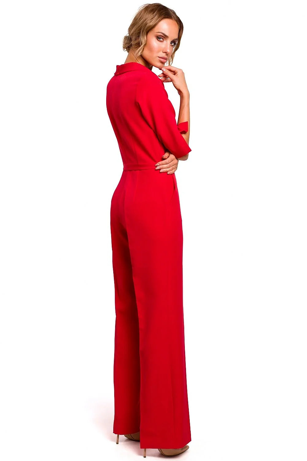 combinaison noire élégante moderne coupe droite jambes larges taille marquée ceinture manches trois quarts poches latérales polyester stretch