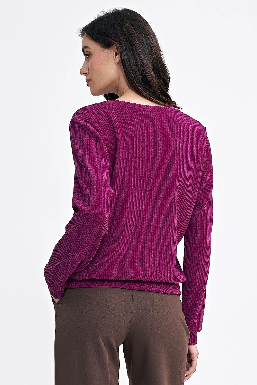 Chemisier Nife pour femme en tricot côtelé fuchsia style classique manches longues col rond