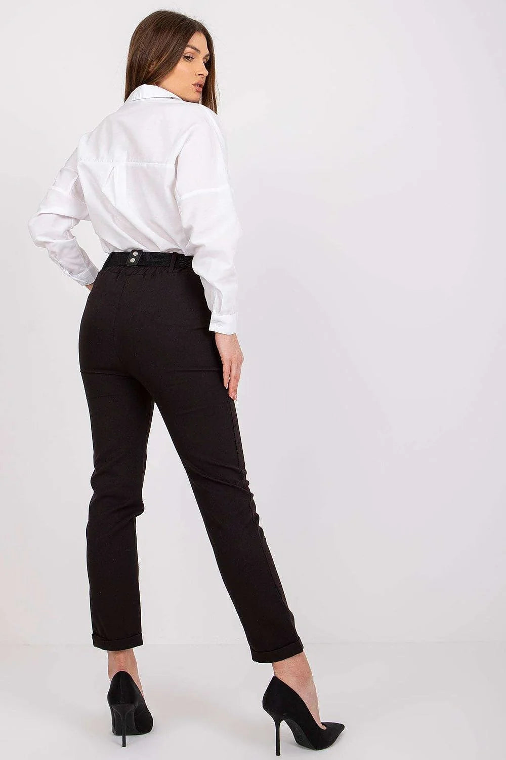 Pantalon femme Italy Moda taille haute ceinture élastique élégant soir travail manches longues ajusté